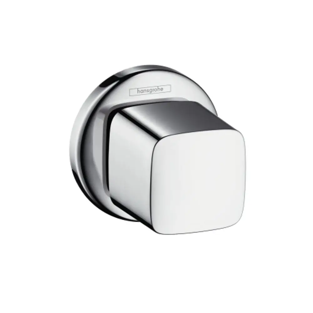 Chromenes Absperrventil von Hansgrohe mit quadratischem Griff, montiert auf runder Basis. Geeignet für Unterputzinstallation in Badezimmern.